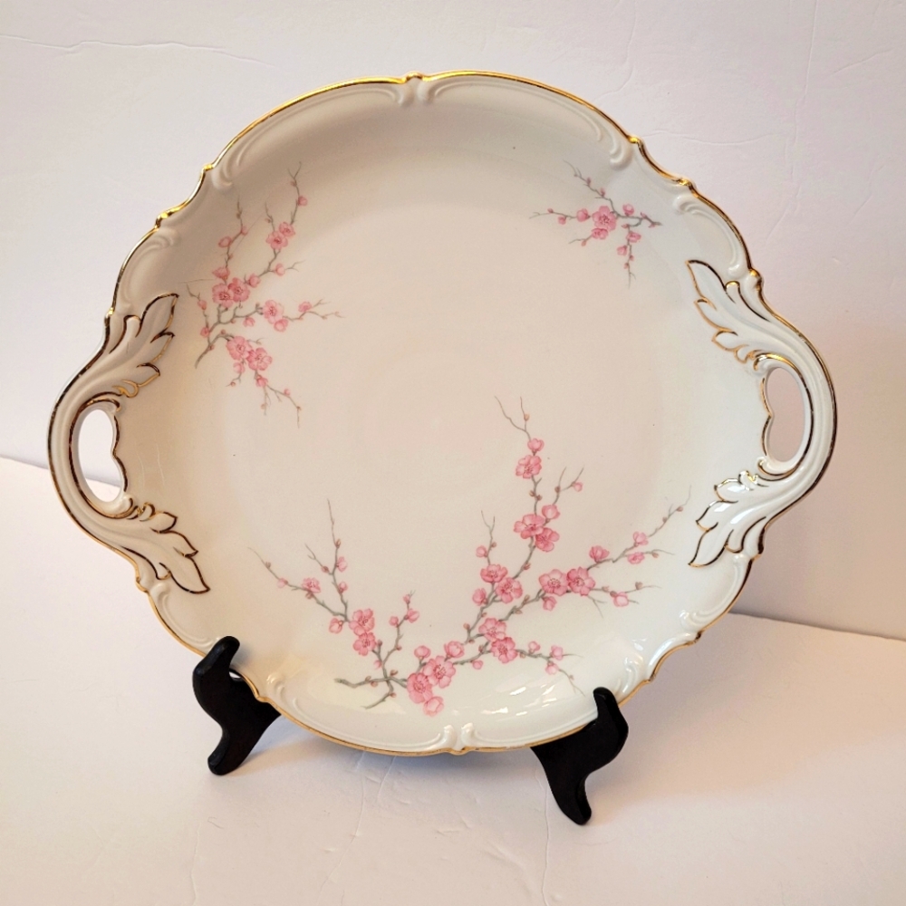 Vintage Hutschenreuther Round Serving Tray Platter With Handles Pink Blossoms